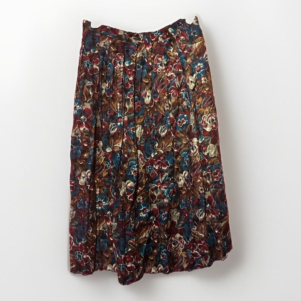 Vintage Pykettes Floral Pleated Midi Skirt Women’s 14 Rayon 90s Boho Fall